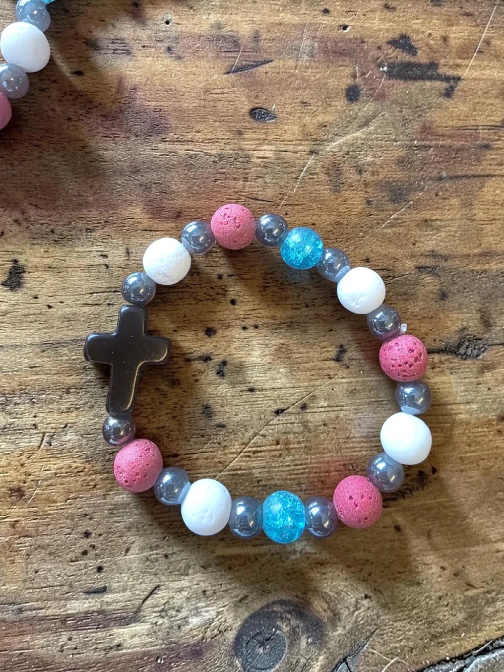 Styleandstone Patriotic Red White Blue Lava Rock Cross Bracelet